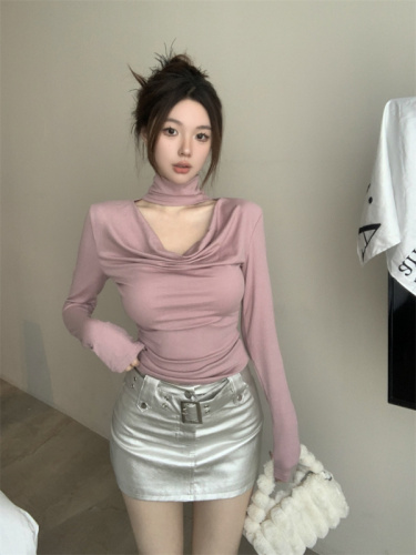 Actual shot of Gentle and Pure Desire Swing Collar Hollow Design Long Sleeve T-shirt Women's Autumn and Winter Korean Style Inner and Outer Top