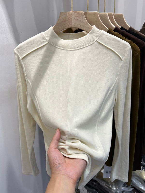 European design brushed threaded long-sleeved T-shirt for women 2023 autumn and winter new style foreign style inner layering shirt with thick top