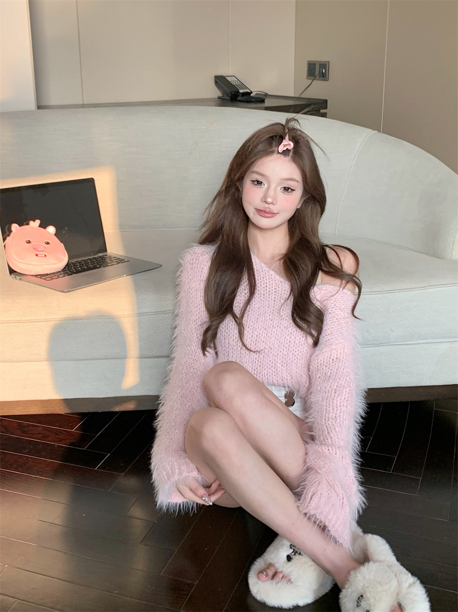 實拍 秋冬法式水貂毛斜肩寬鬆喇叭袖短款毛衣女