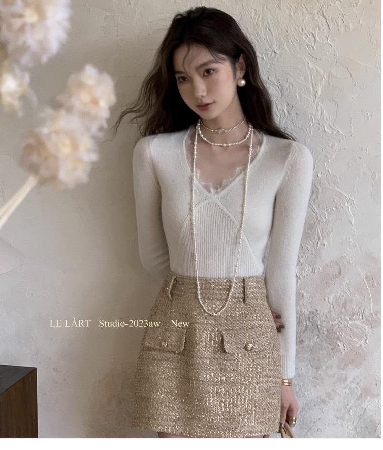 LELART法式氣質優雅蕾絲邊毛衣女秋冬新款韓版純色短款內搭針織衫