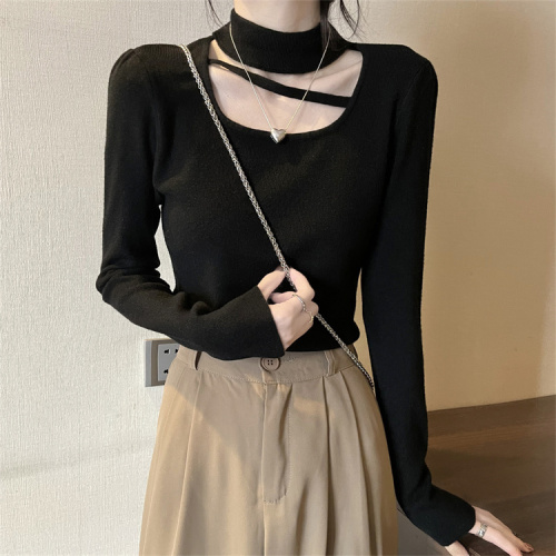 Real shot of long-sleeved halterneck design niche sweater women niche bottoming shirt autumn and winter soft and waxy top
