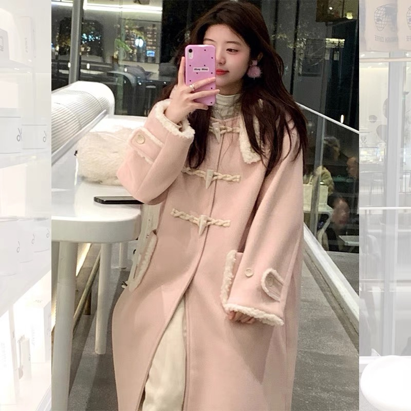 Cuffs, hat pockets, sherpa pink long woolen coat for women, 2023 autumn and winter new coat
