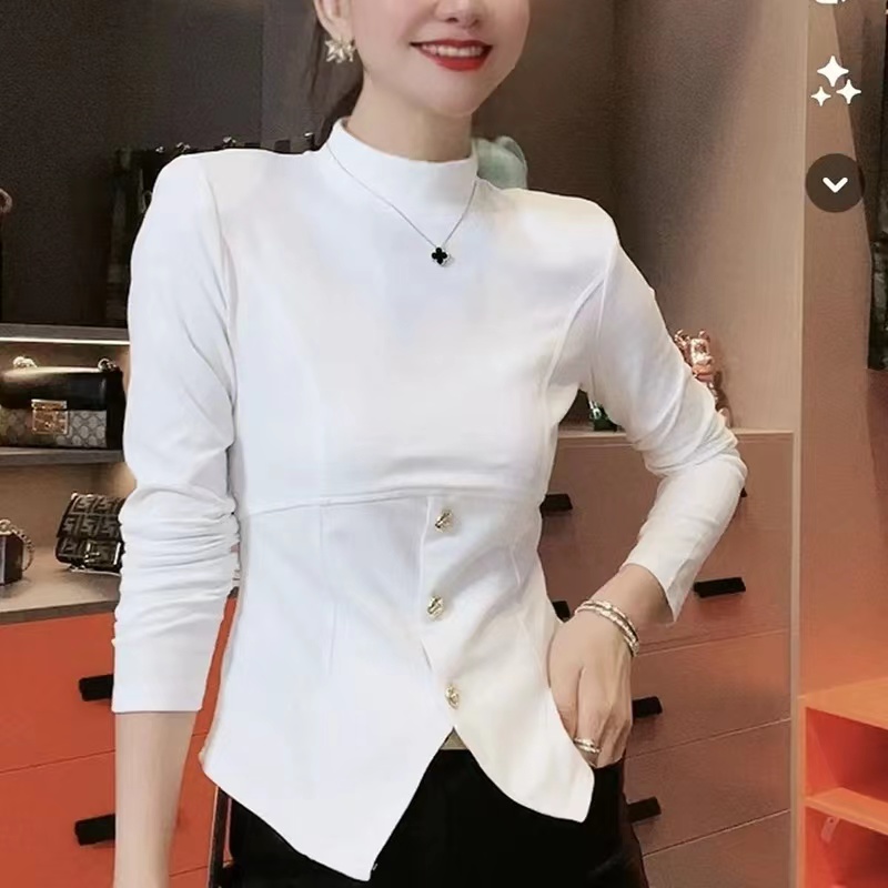 2023 Autumn New Style Irregular Button Slim Fit Long Sleeve Age-Reducing Versatile T-Shirt Tops Ins for Women
