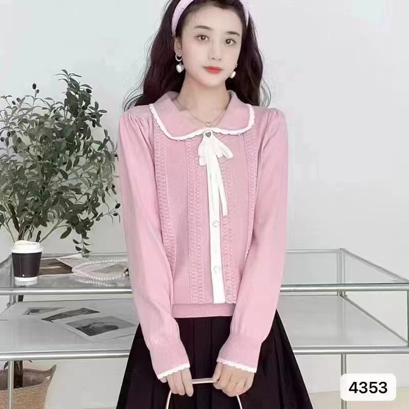 2023秋季新款打底蕾絲花邊娃娃領珍珠拼色氣質修身打底衫上衣女
