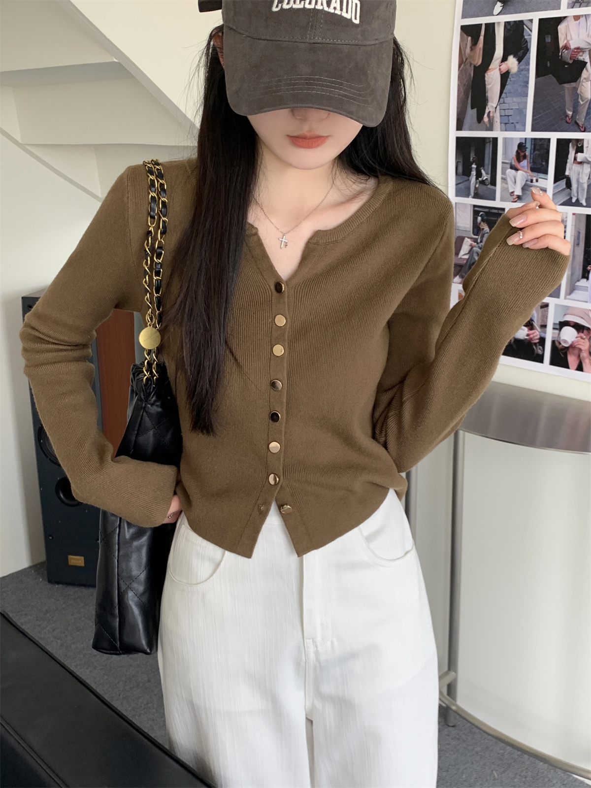 Actual shot of autumn and winter Korean style versatile slim single-row metal buckle temperament knitted cardigan women's sweater jacket