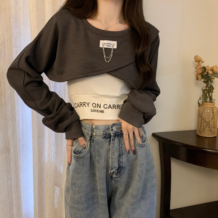 法式小眾獨特别致疊穿吊帶外搭罩衫兩件套短款長袖上衣女打底衫