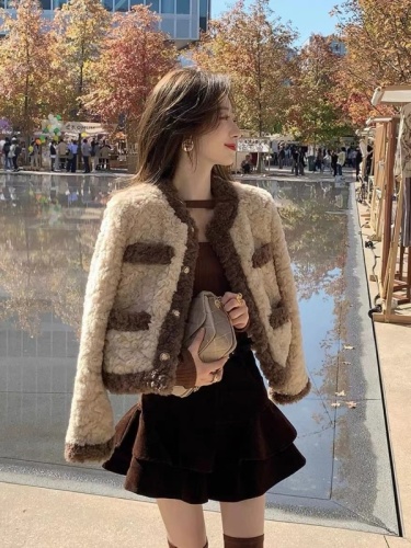 Guoguojia short small fragrant fur coat for women spring and autumn 2023 new imitation lamb wool quilted plush top