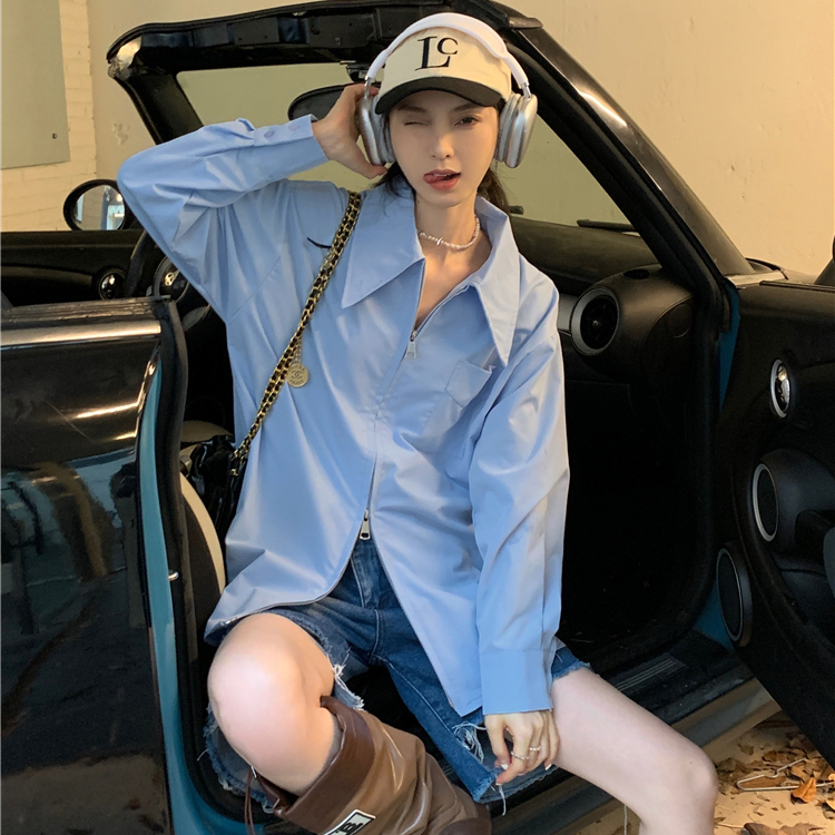 法式拉鏈長袖襯衫女春裝設計感小眾寬鬆顯瘦襯衣獨特别致上衣