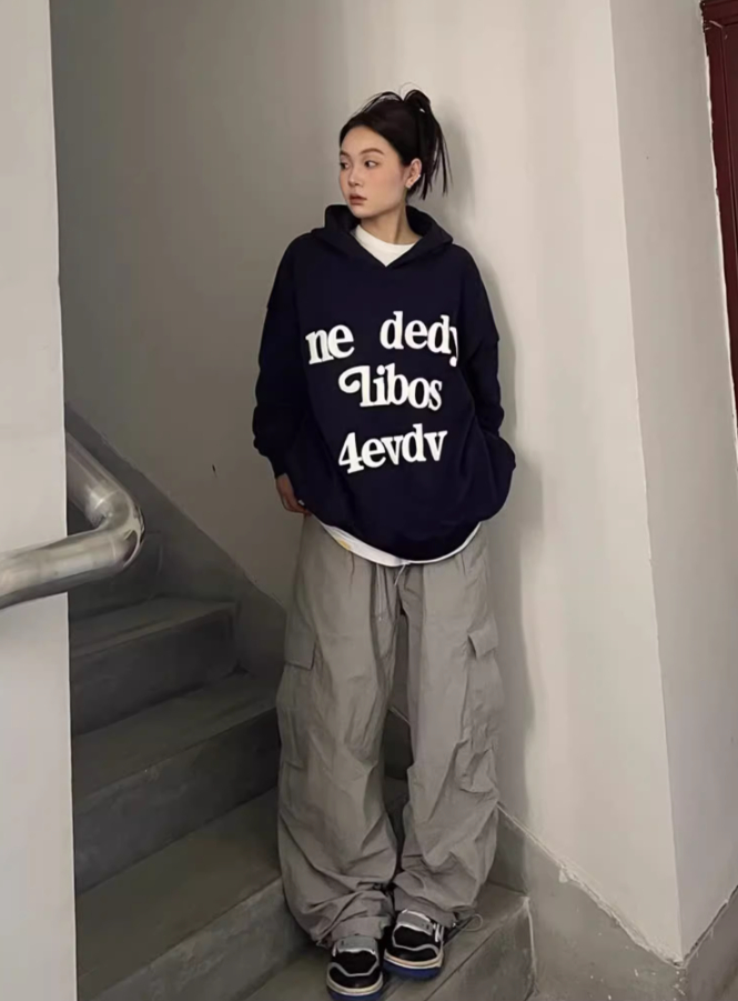 後包領雙層帽不起球配棉螺口 仿棉華棉複合310剋薄款衛衣女印花