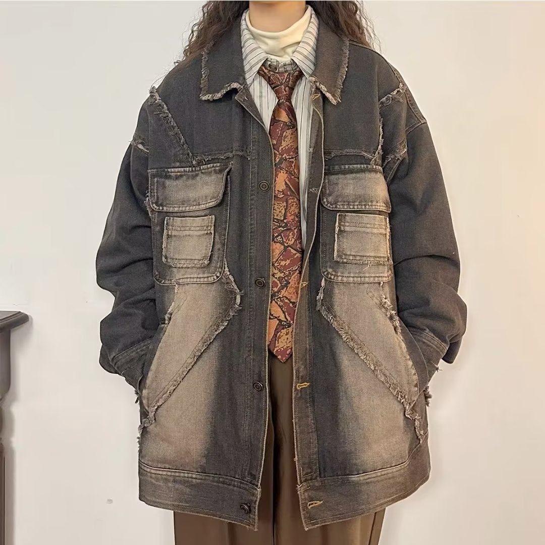 American retro high street raw edge washed distressed denim jacket for women in spring and autumn design niche trendy tops and jackets