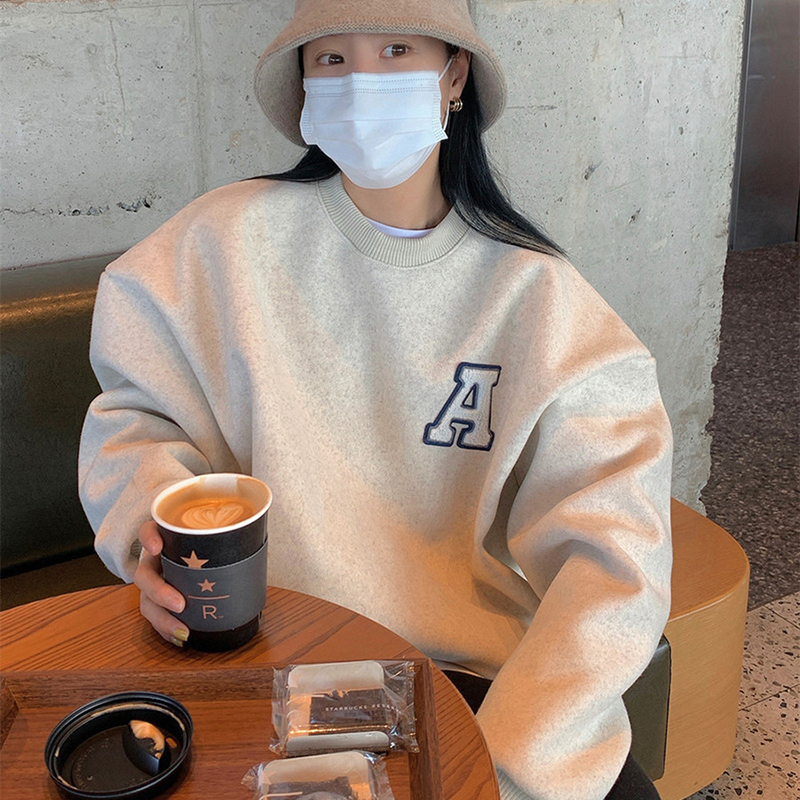 官圖含棉韓國chic圓領寬鬆字母拼接加絨250g毛巾繡字母衛衣女