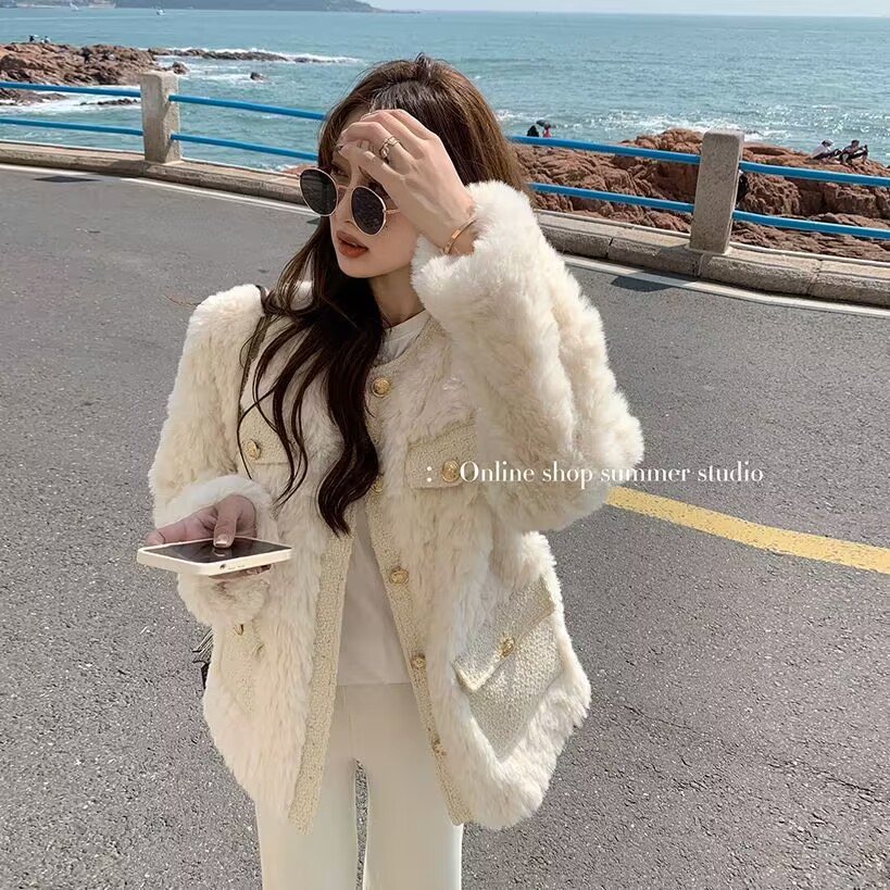Imitation fur small fragrance winter coat for women 2023 new high-end fashion rabbit fur thickened round neck internet celebrity cotton coat