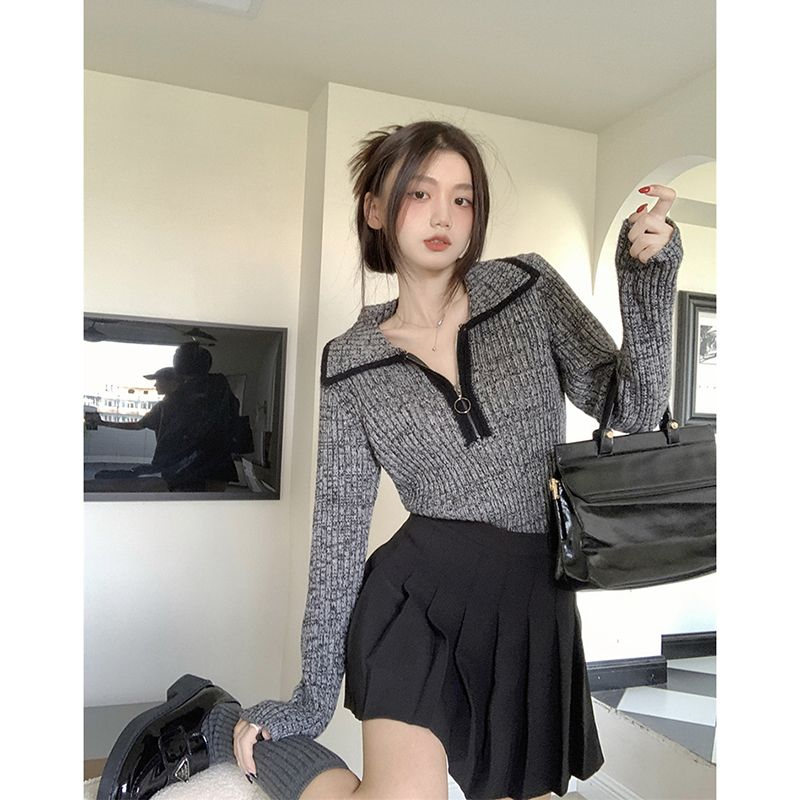 半拉鏈翻領毛衣女秋冬新款純欲風設計感短款外穿長袖針織上衣