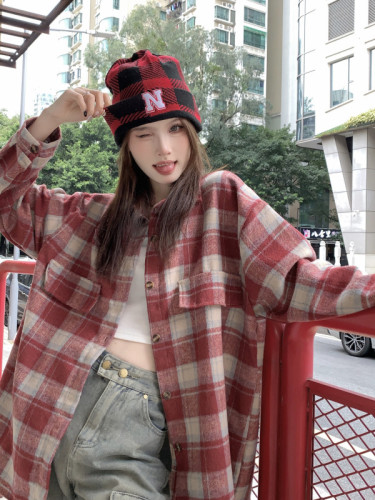 Real shot of red mid-length shirt for women, autumn design, niche plaid top, jacket, loose long sleeves