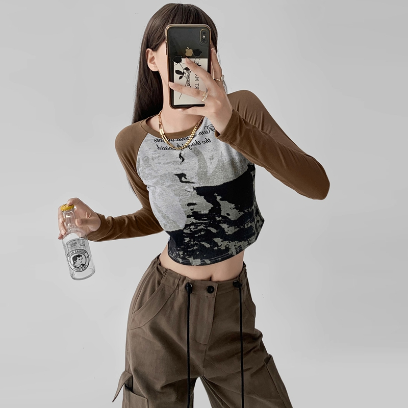 拉架棉 美式復古撞色拼接印花插肩袖T恤女修身短款