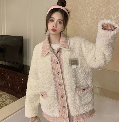 Lamb wool jacket women's winter 2023 new splicing design loose long-sleeved cotton coat
