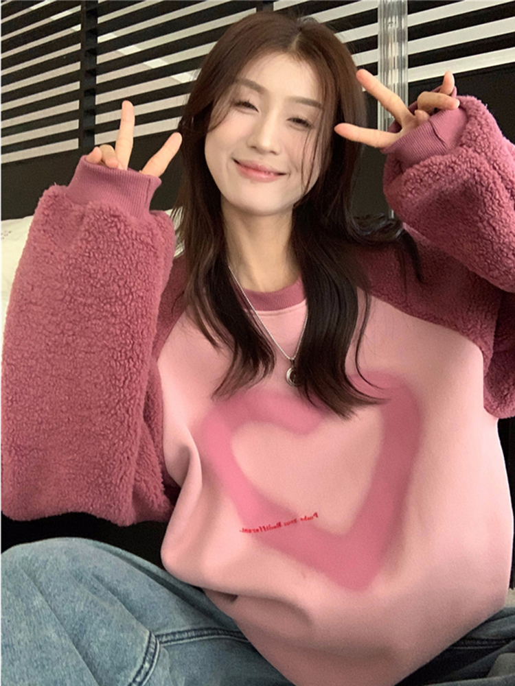 Lamb wool love print thickened sweatshirt autumn and winter new style splicing plus velvet round neck pullover top women's fashion