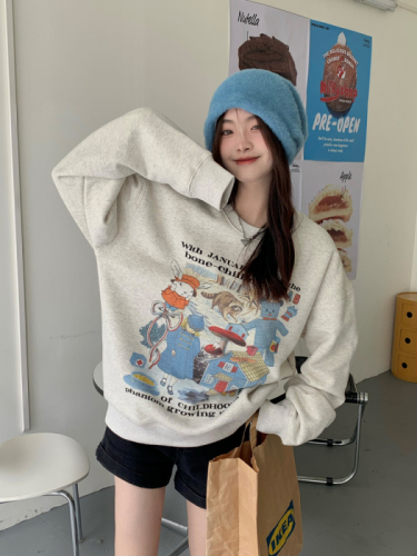 Official picture of autumn and winter American style loose pullover cartoon long-sleeved retro style cute rabbit all over printed right shoulder sweatshirt for women