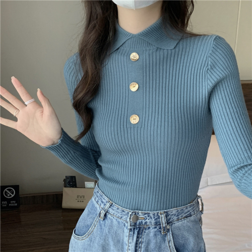 Real shot of core-spun yarn, half-turtleneck sweater for women, fashionable western-style button long-sleeved top, bottoming sweater