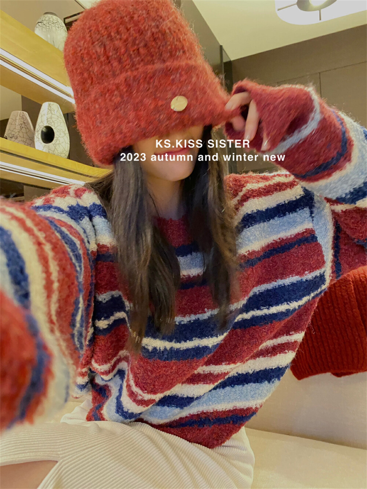 Kiss sister復古條紋羊毛絨感毛衣韓版百搭秋冬慵懶風休閒上衣女