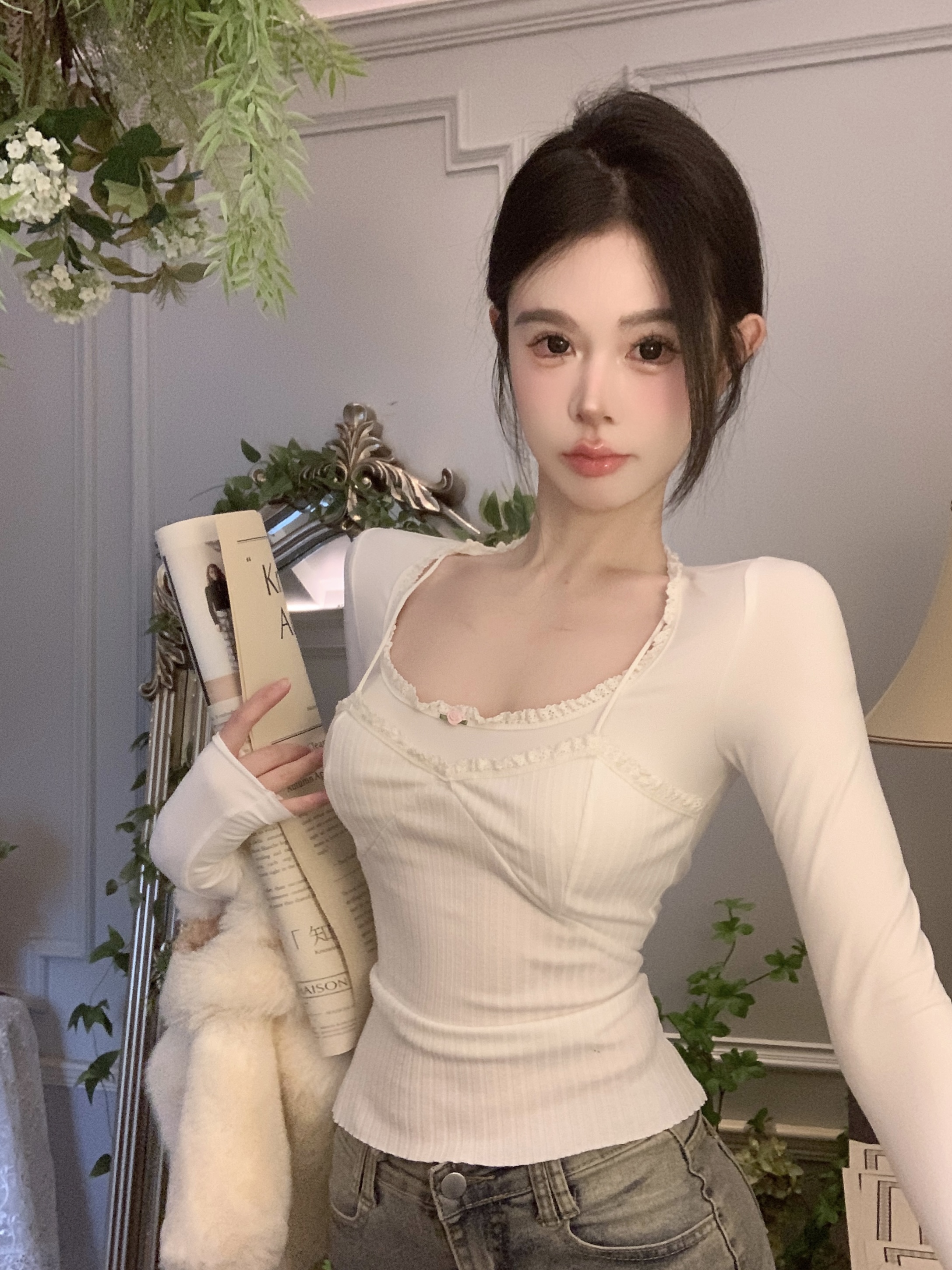 實拍  純欲少女感甜美拼接花邊長袖針織坑條上衣