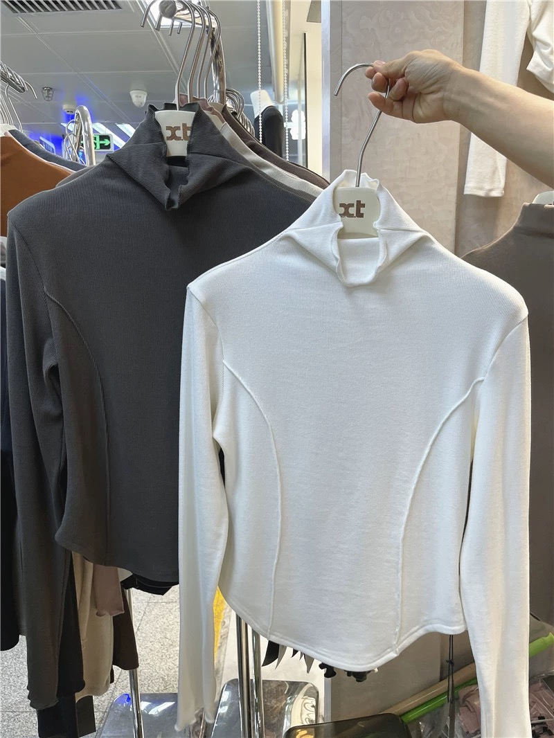 Fungus-edged solid color bottoming shirt for women 2023 winter brushed half-high collar slim long-sleeved T-shirt top