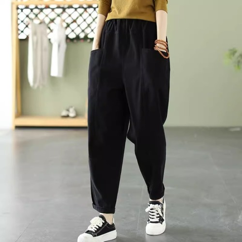  Autumn and Winter pure cotton elastic waist loose twill washed cotton solid color trousers for women casual slimming harem pants for women