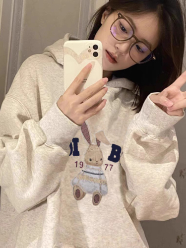 Official Photo Autumn Outfit  New Cute Rabbit Hooded Sweatshirt Women's Loose Lazy Style Casual Versatile Top