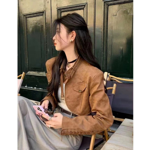 Designed brown retro leather jacket for women  spring small Hong Kong style short pu deerskin jacket top