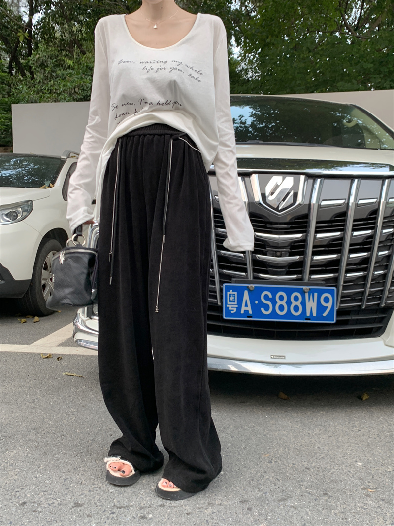 實拍 網紅款抽繩鏈條設計鬆緊高腰顯瘦休閒闊腿秋冬長褲女