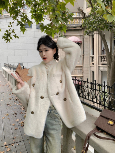 Real shot mink short V-neck fur all-in-one mink plush eco-friendly fur coat