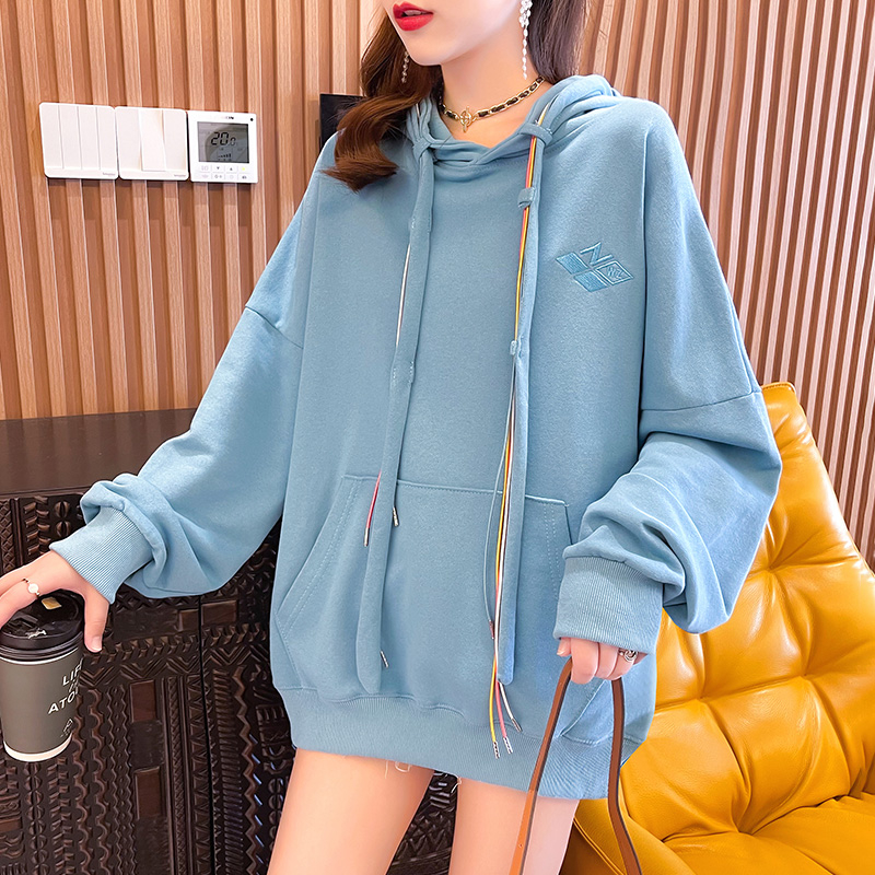 Real shot-75 polyester/25 cotton spring and autumn new loose large size embroidered hooded sweatshirt for women