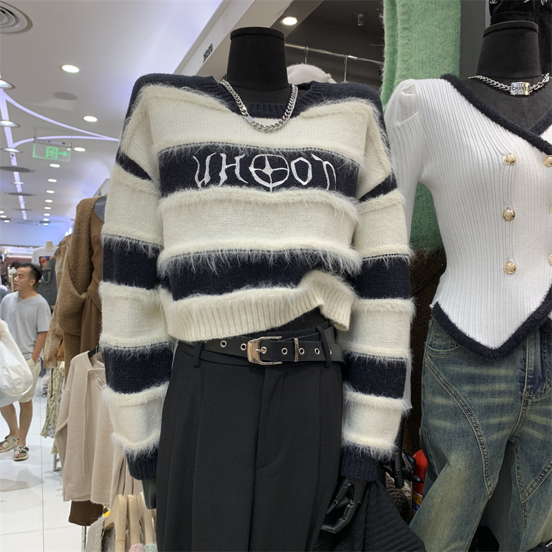 2023 Printed Color Block Long Sleeve Sweater Women's Winter New Korean Style Loose Casual Retro Temperament Tassel Top