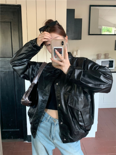 Actual shot of retro loose Korean style lapel motorcycle suit pilot leather jacket trendy jacket