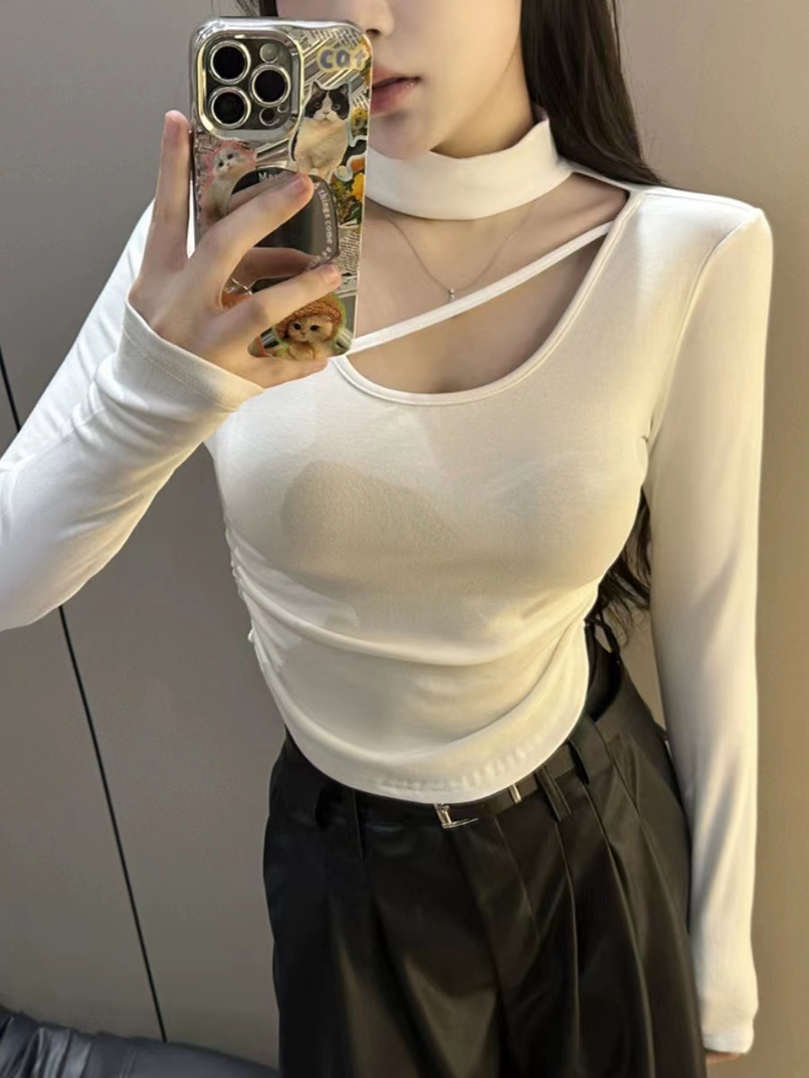 Pure desire sexy halterneck design long-sleeved T-shirt for women autumn new hot girl short slim slimming bottoming top