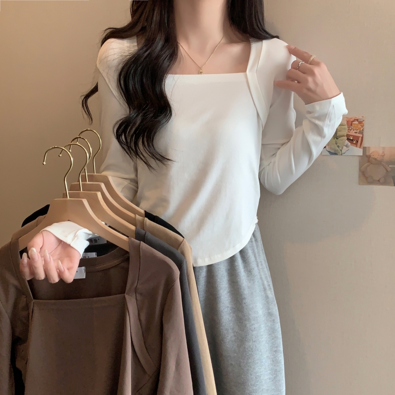 Actual shot of ammonia-rich velvet square collar niche bottoming shirt for women brushed long-sleeved T-shirt for women thin velvet autumn and winter clothing