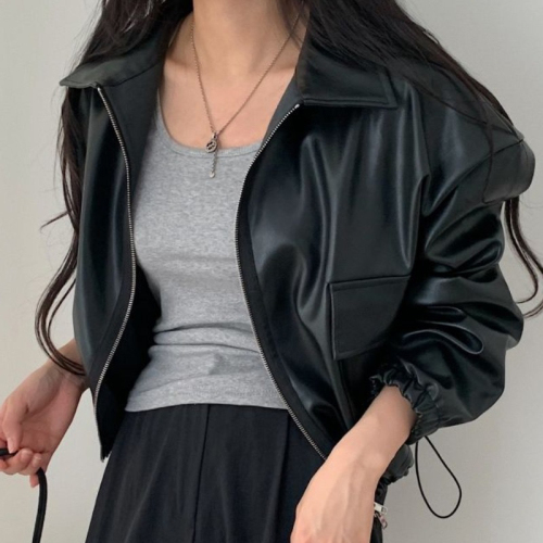 Korean chic retro lapel big pocket loose casual motorcycle jacket leather jacket short coat for women