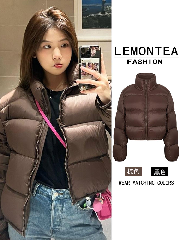 Kendou's same style brown short down cotton coat for women in winter American retro high-end niche design high-waisted cotton coat
