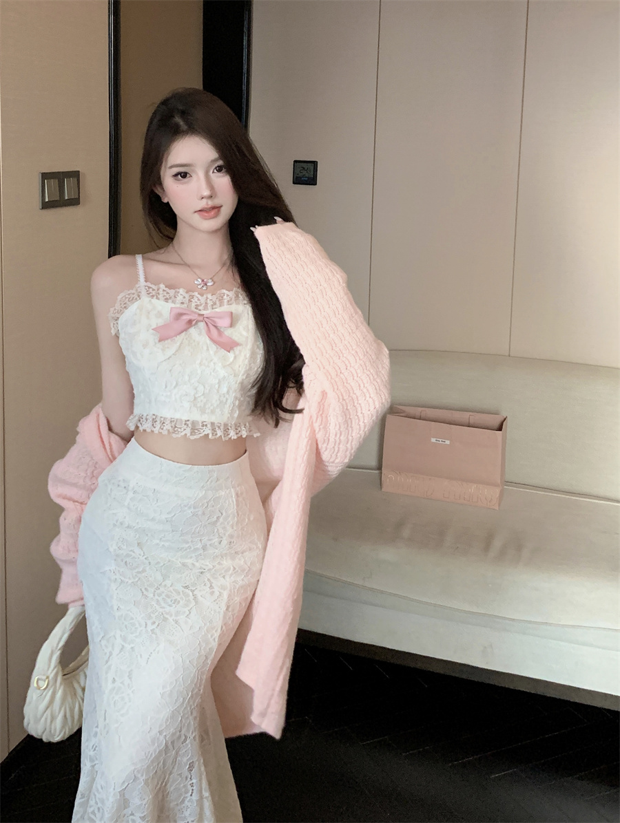 實拍 新款蕾絲吊帶上衣高腰魚尾裙開衫外套三件套女