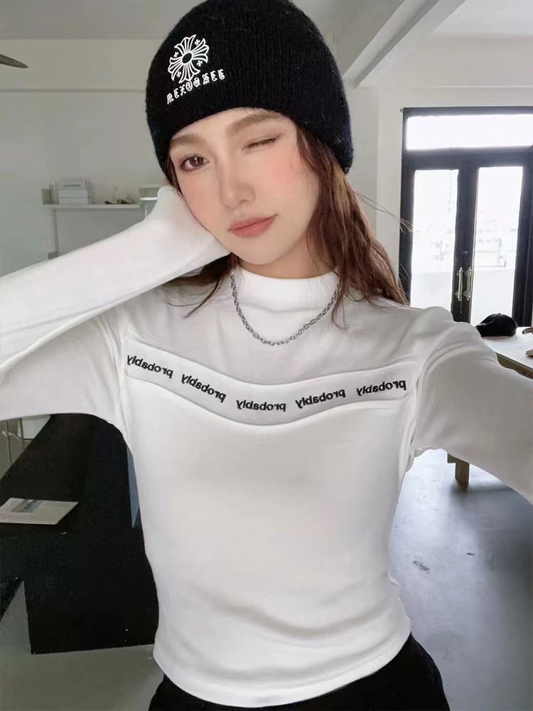 白色半高領打底衫女春季內搭2023新款修身長袖t恤女短款緊身上衣