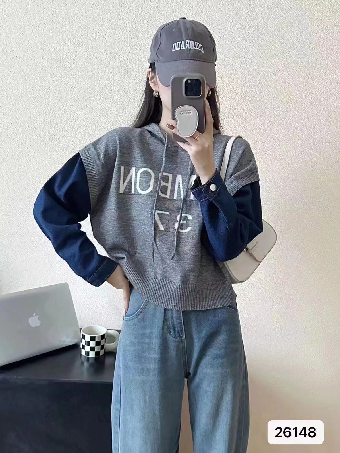 2023秋冬新款韓版慵懶風套頭帶帽衛衣拼接牛仔袖上衣女
