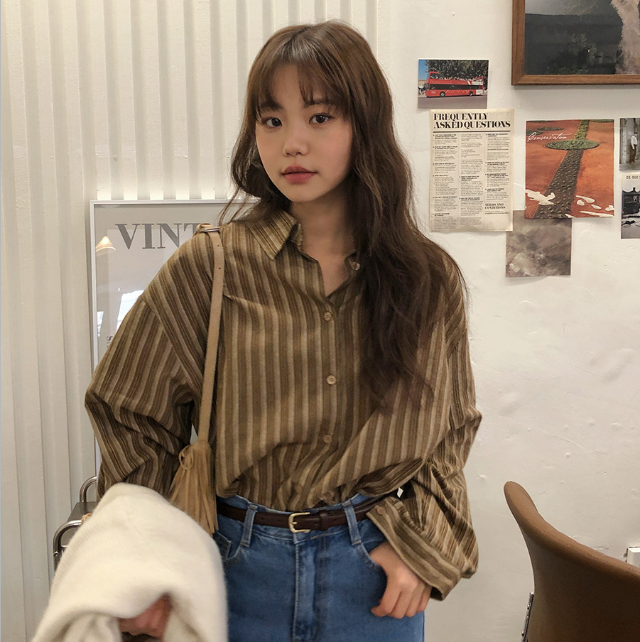 韓國chic 秋冬氣質復古 美拉德 寬鬆 長袖條紋襯衫