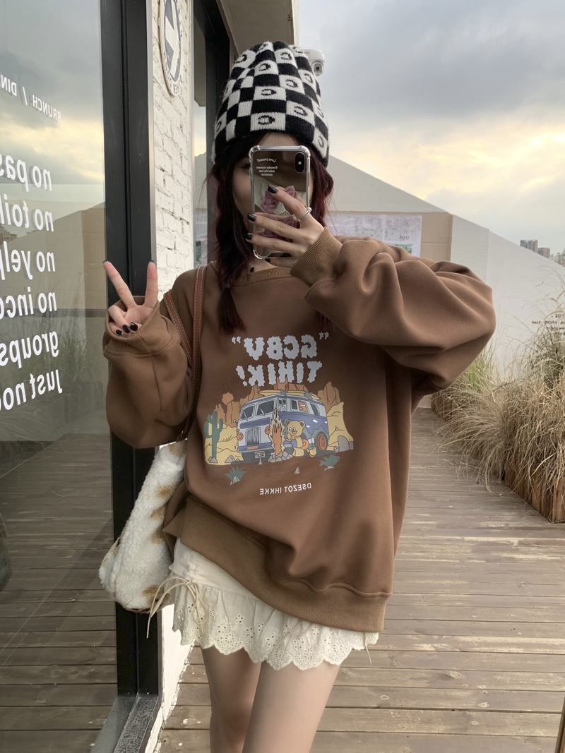 Actual shot, all three standards, high quality ~ lazy style letter fun printed silver fox velvet plus velvet casual sweatshirt