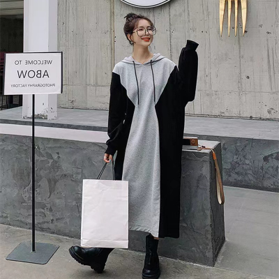 胖妹妹撞色拼接連帽衛衣休閒200斤大碼連衣裙加絨顯瘦女裝