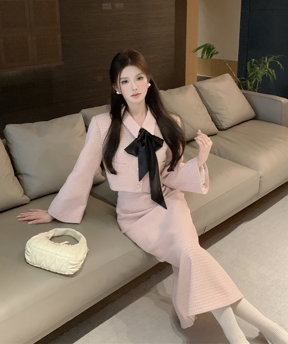 實拍 小香氣質名媛套裝優雅氣質顯瘦兩件套帶絲巾