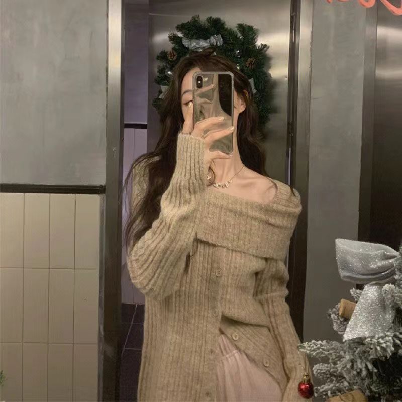 針織開衫打底衫女一字肩內搭獨特别致露肩小上衣早春新款女裝2023