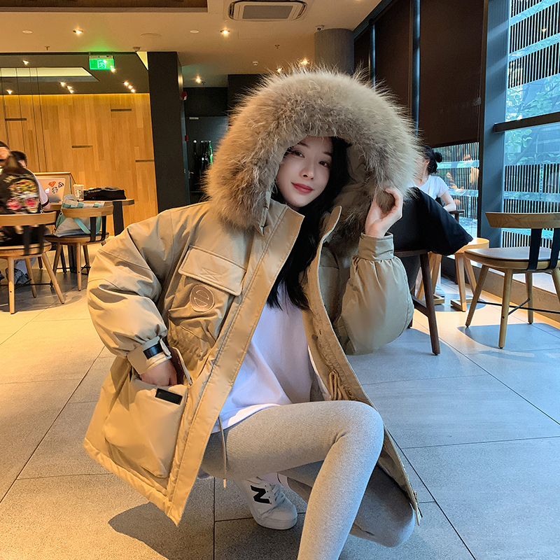白鴨絨實拍新款羽絨服女時尚工裝大毛領小個子派克服風衣外套