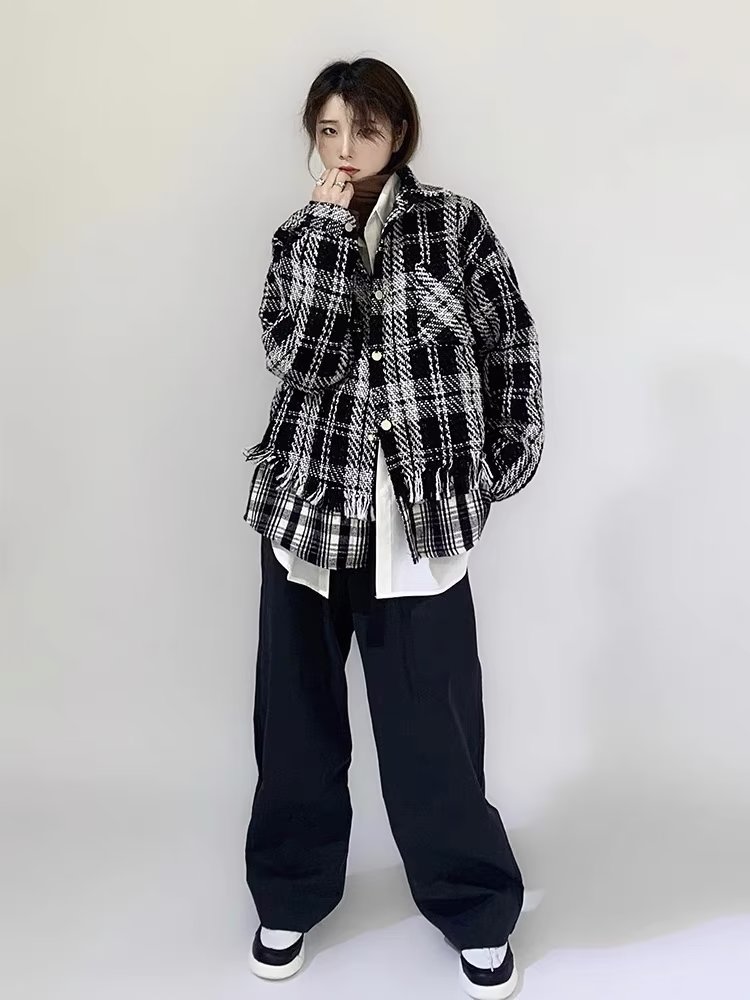 Fake two pieces of small fragrant style woven splicing plaid jacket women's trendy brand ins design niche casual handsome jacket