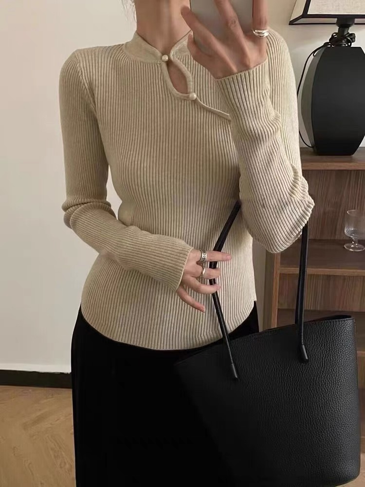 韓版紐扣設計感小眾復古國風盤扣長袖女秋冬氣質顯瘦針織百搭上衣