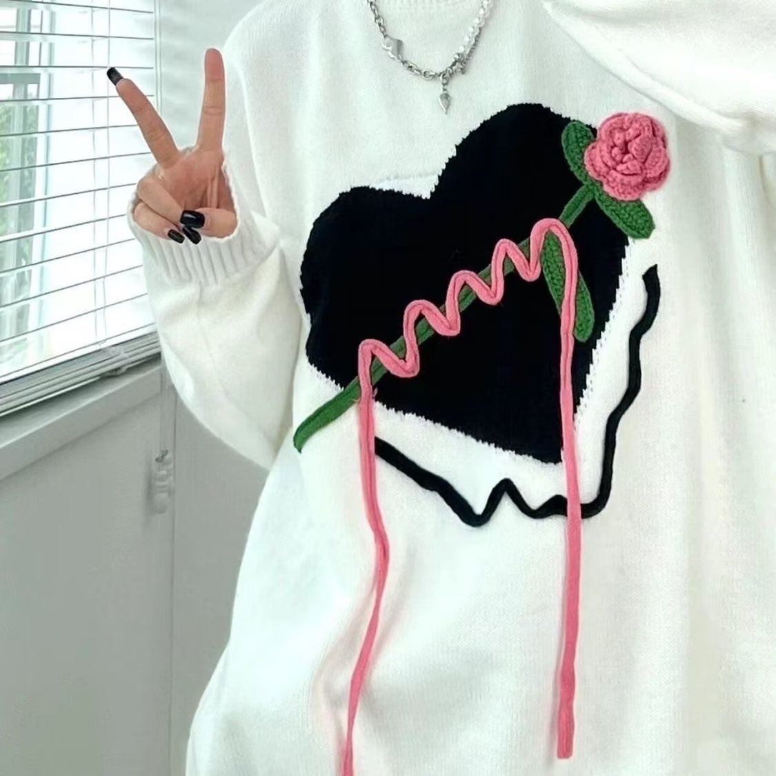 韓系oversize愛心花卉套頭毛衣男女秋寬鬆ins小眾設計情侶針織衫